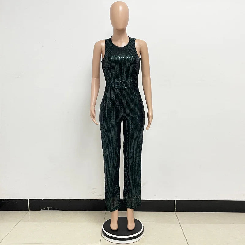 Elegant Silver Sequined Straight Cut Jumpsuit for Women