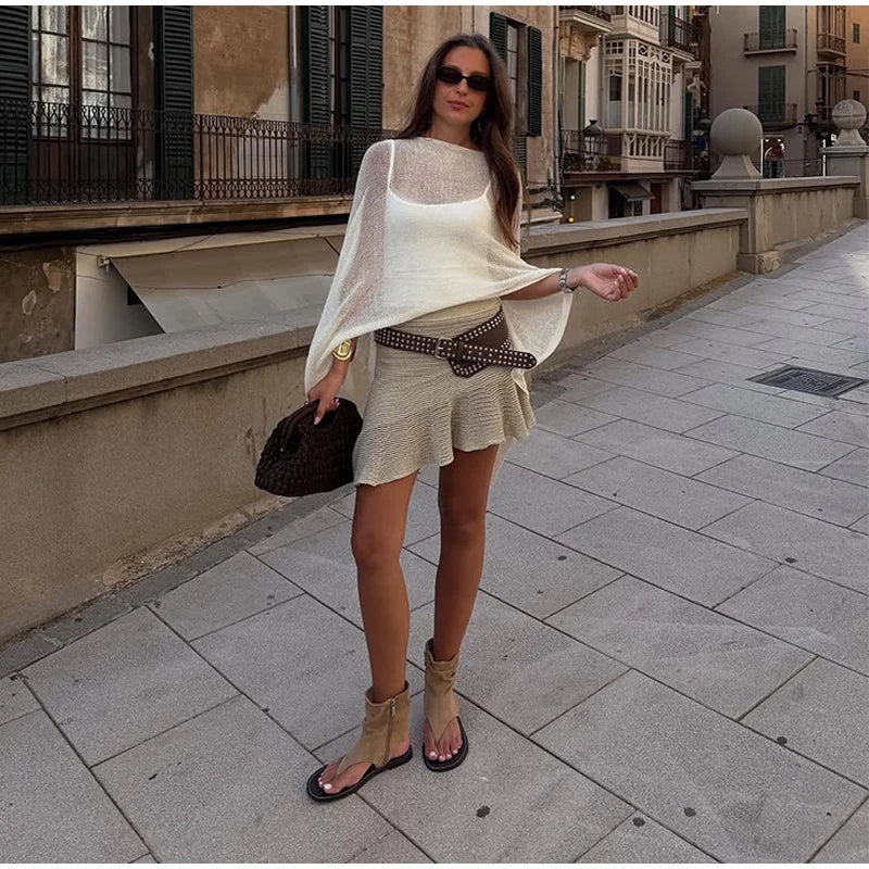 Sheer Knit O Neck Asymmetrical Loose Blouse for Women