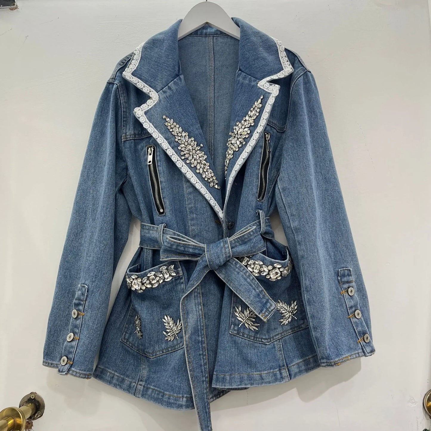 2026 Spring New Heavy Beaded Denim Jacket for Women Fashion Loose-fit Long-sleeve Streetwear Cinched Waist Denim Coat Tops