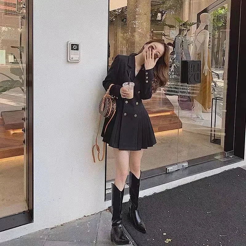 Elegant Double-Breasted Suit Dress Skirt Style Polyester Fiber Full Sleeve Regular Neckline Empire Waist Midi Length Dress