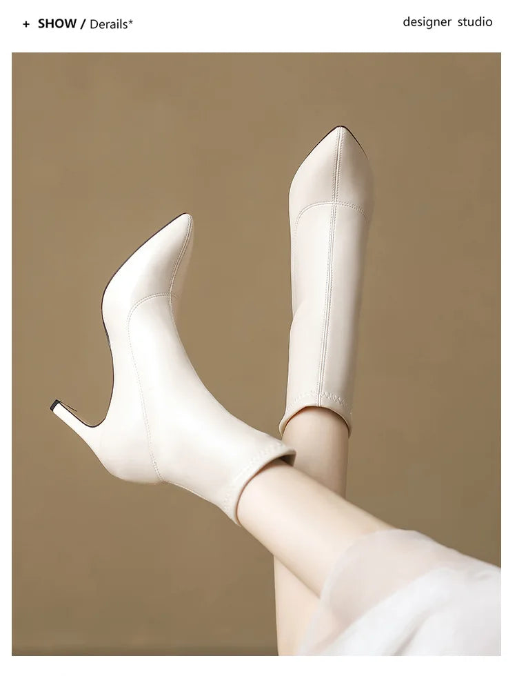 Pointed Leather High Heel Ankle Boots