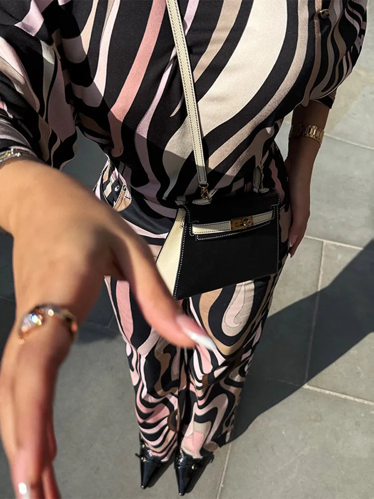 Geometric Print Top pant suits Women two pieces set round neck long sleeve Blouse loose pant Vacation Beach vacation pant outfit