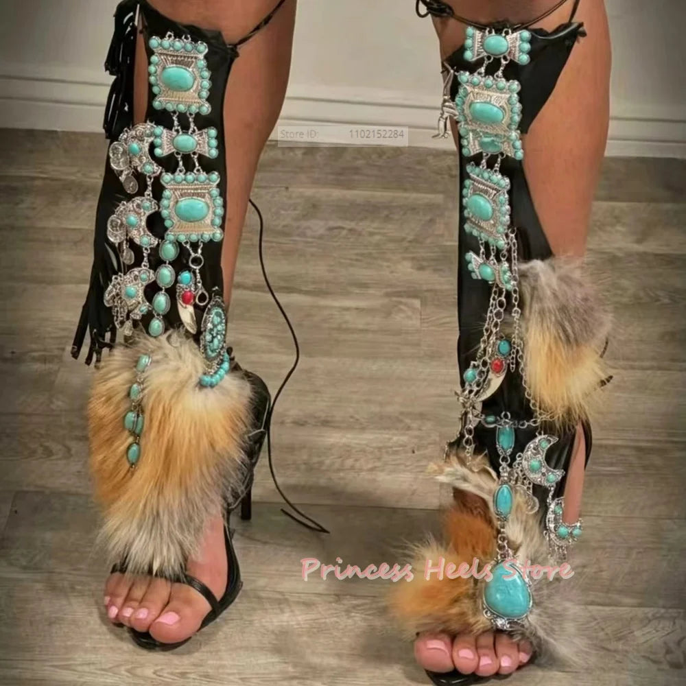 Turquoise Fur Wrap Bead Embellished Sandals for Women