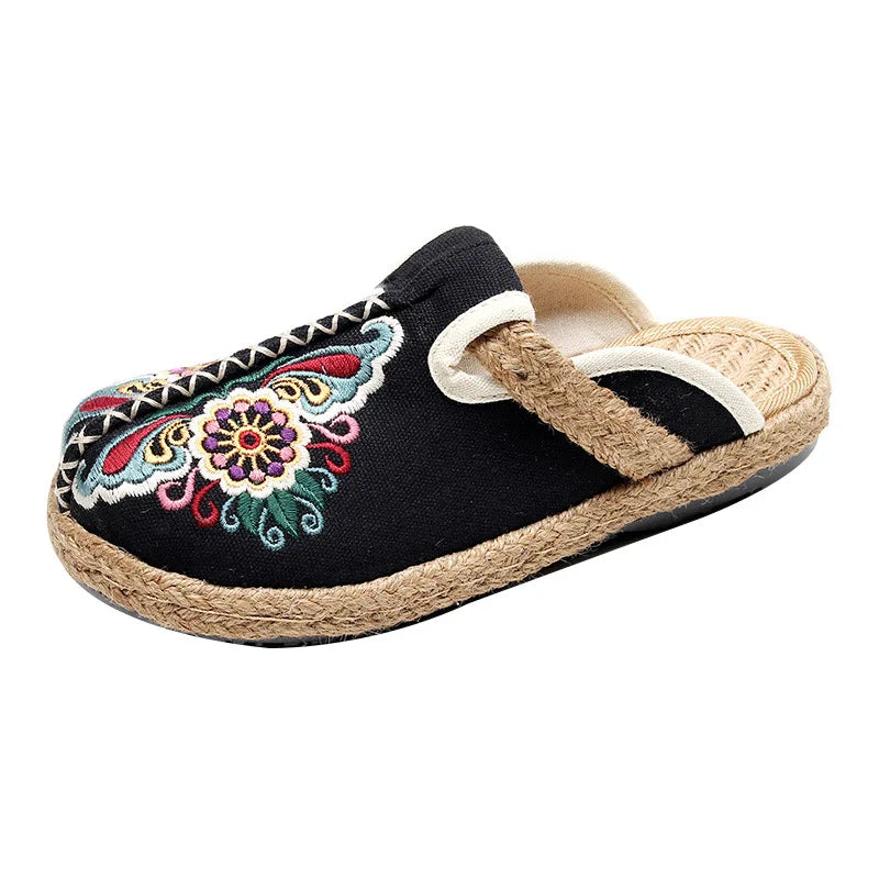 Embroidered Floral Retro Handmade Slides for Women