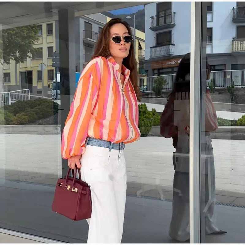 Elegant Striped with Stand Collar Jacket for Women