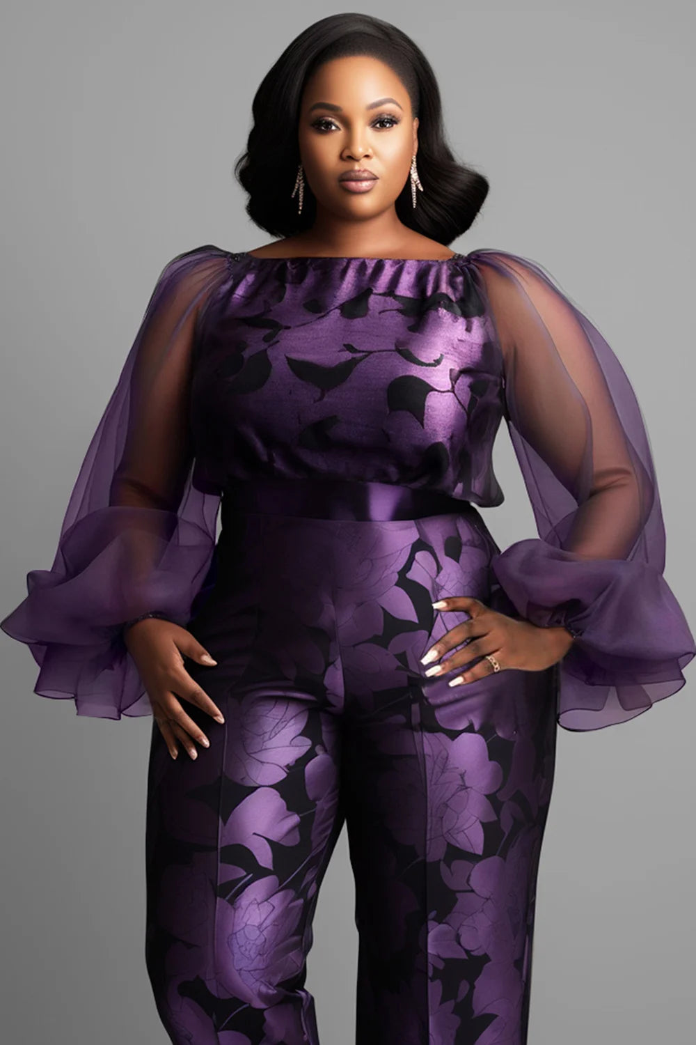 Plus Size Formal Purple Floral Boat Neck Lantern Sleeve Long Sleeve See Through Elegant Satin Tulle Jumpsuits