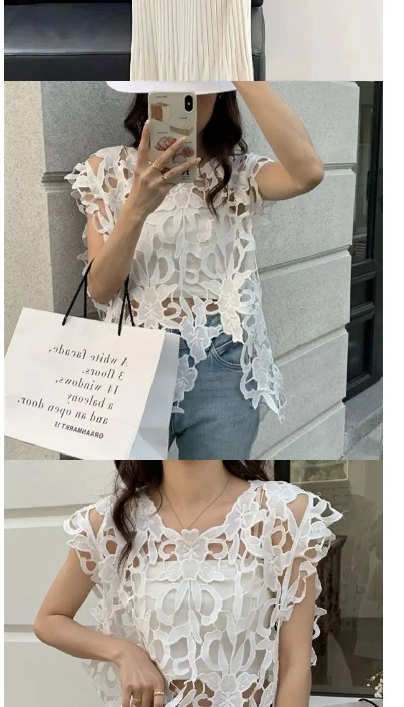 Embroidered Lace Loose Sleeveless Blouse for Women