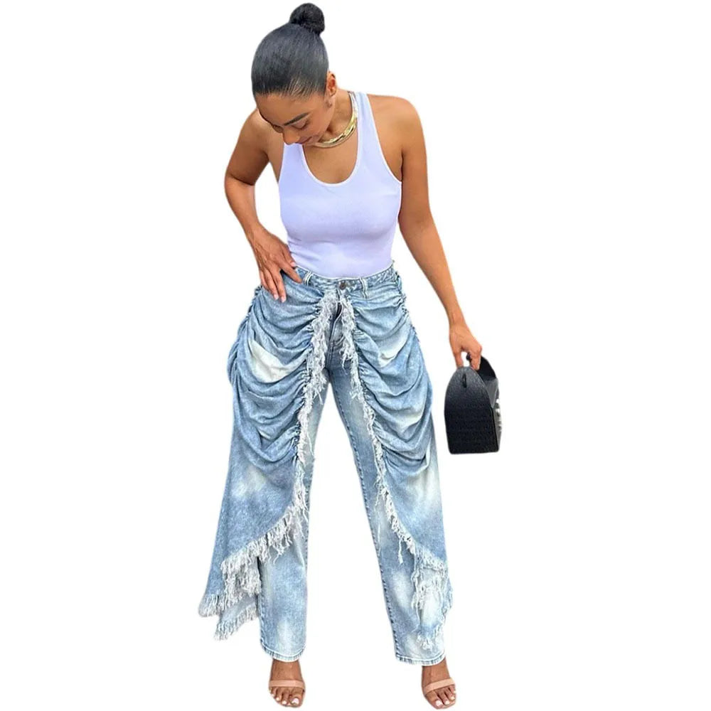 Washed Patchwork Denim Straight Pleated Pants For Women
