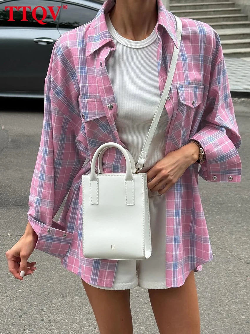 Vintage Pink Plaid Long Sleeve Button-Up Shirt for Women