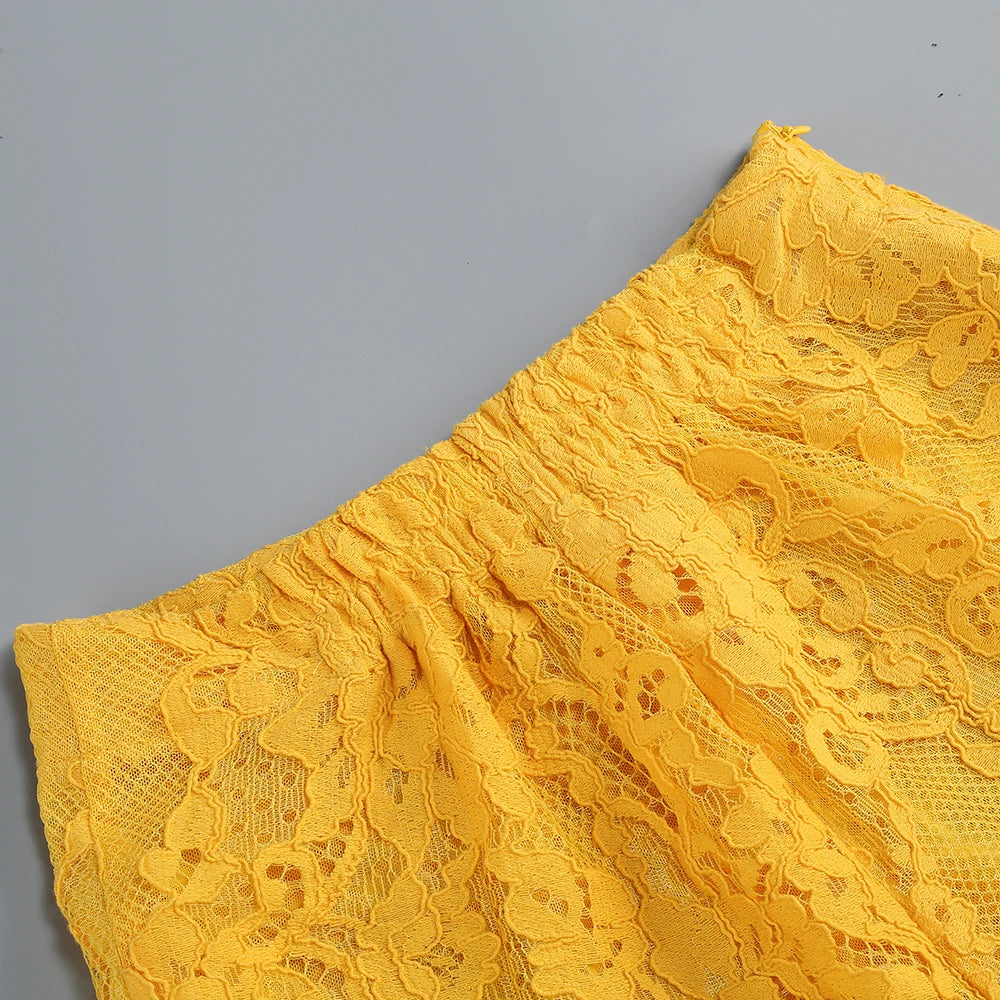 Women's Casual Chic Hollow Out Luxury High-Quality Lace Long Sleeve Suit Jacket High Waist Shorts Three Pieces Set Evening Party