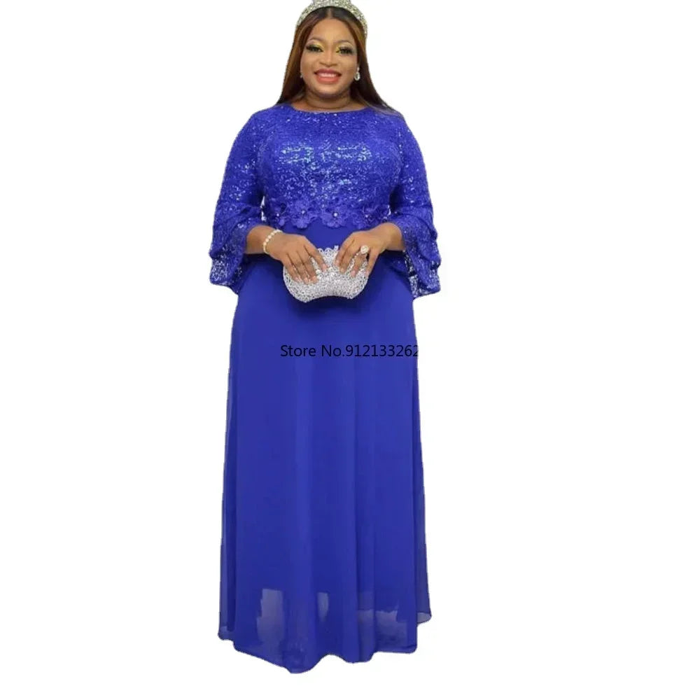 Customized African Wedding Party Dreses for Women Spring Autumn African Short Sleeve V-neck Polyester Green Pink Red Long Dress