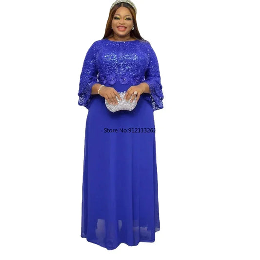 Customized African Wedding Party Dreses for Women Spring Autumn African Short Sleeve V-neck Polyester Green Pink Red Long Dress