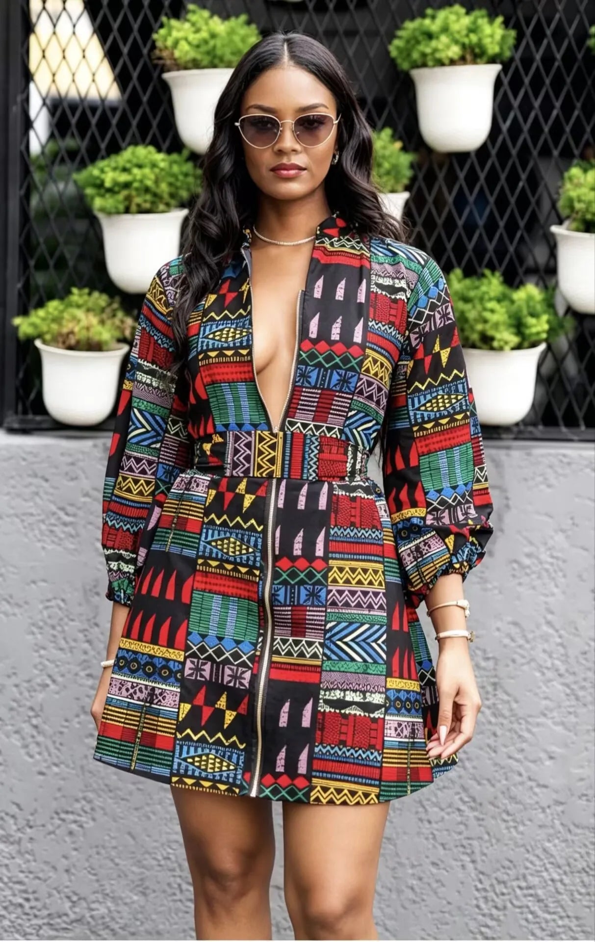 Zipper Belt African Print Loose Bishop Sleeve Dress for Women