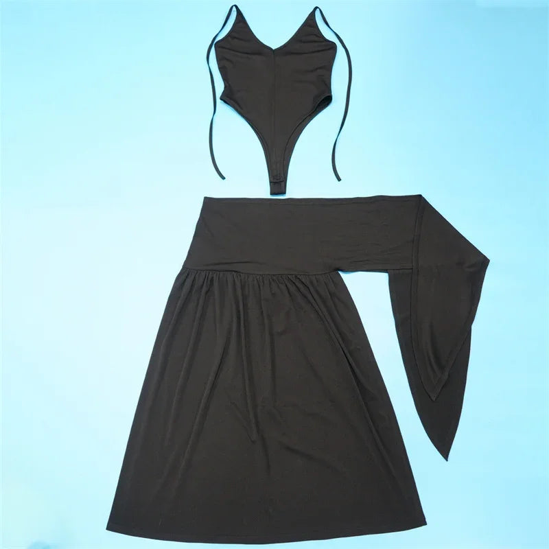 Halter Backless Bodysuit Top and Lace-Up Skirt Two-Piece Set for Women
