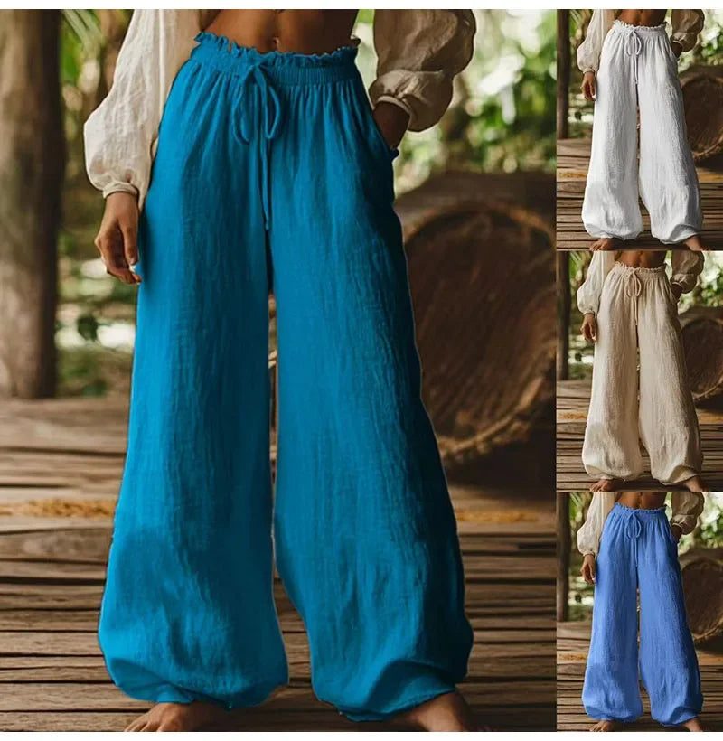 Women's Cotton and Linen Casual Loose Wide Leg Pants Autumn Retro Elastic Waist Drawstring Tied Pocket Pants Ethnic Vacation
