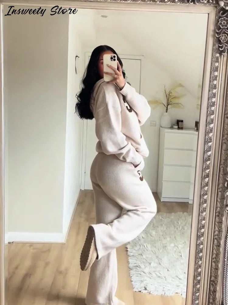 Letter Print Hooded Two Piece Set With Wide Leg Pants for Women