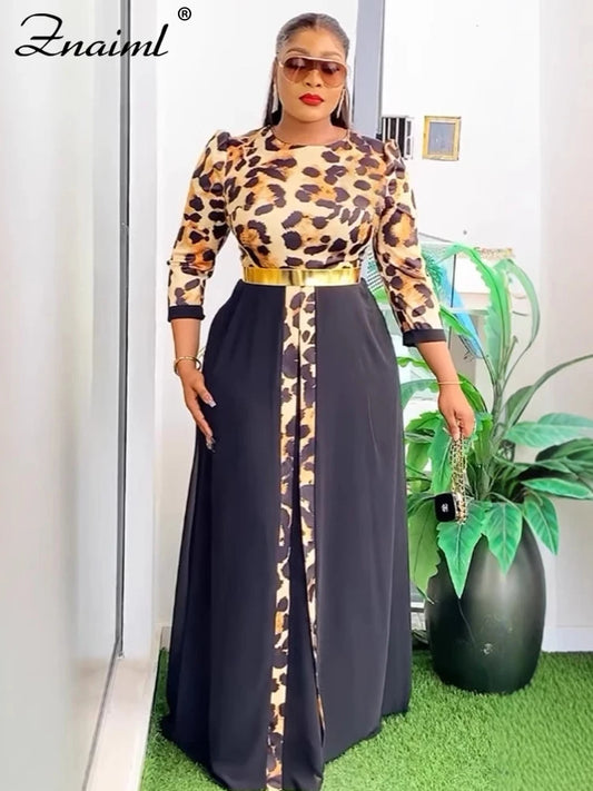 Znaiml Fashion Dashiki Ladies Traditional African Clothing Women Elegant Leopard Print Long Sleeve Front Split Dresses Birthday