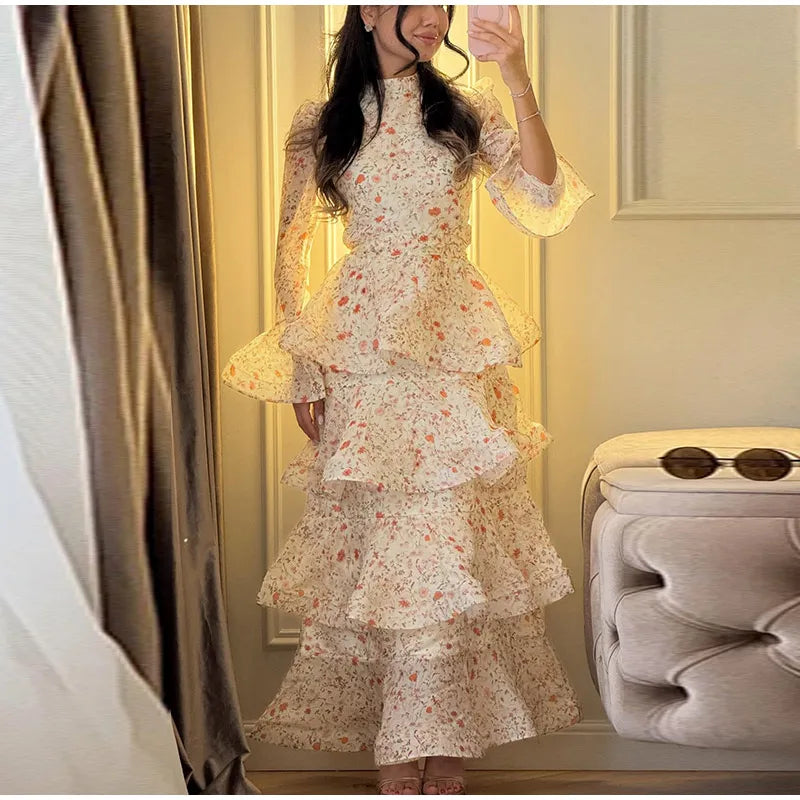 Chic Floral Bell Sleeve Floor-Length Dress For Women