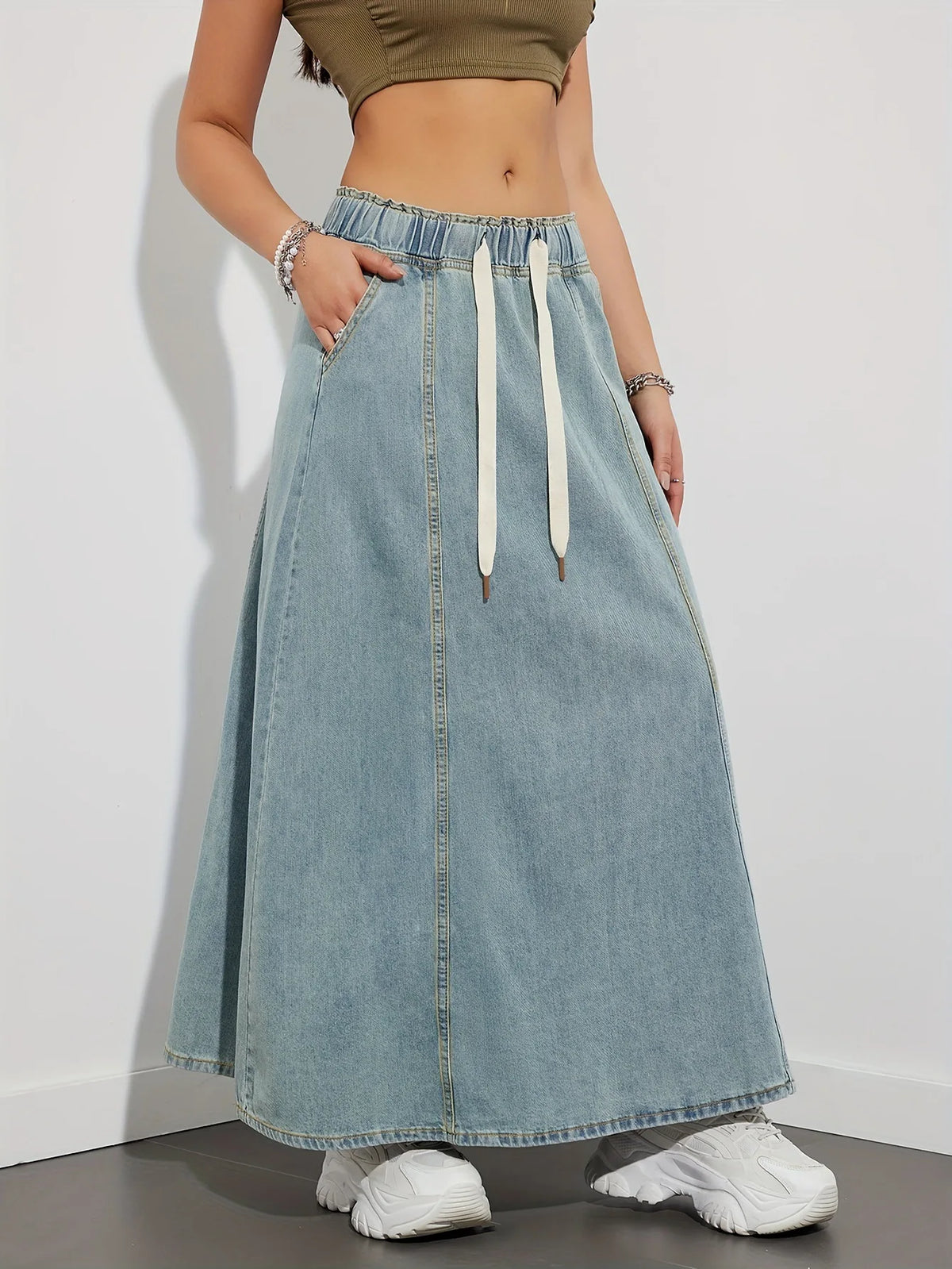 Elastic Waist Lace Up Loose Casual Denim Maxi Skirt for Women