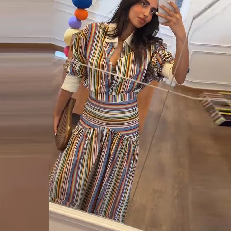 Elegant Multicolor Striped Puff Sleeve Maxi Dress For Women