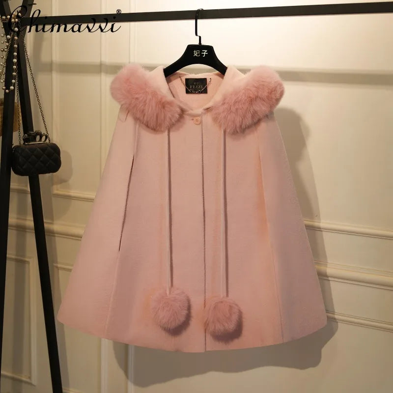 Heavy Elegant Cape Wool Coat for Women 2025 Autumn Winter New Korean Fashion Slimming Shawl Women's Woolen Coat