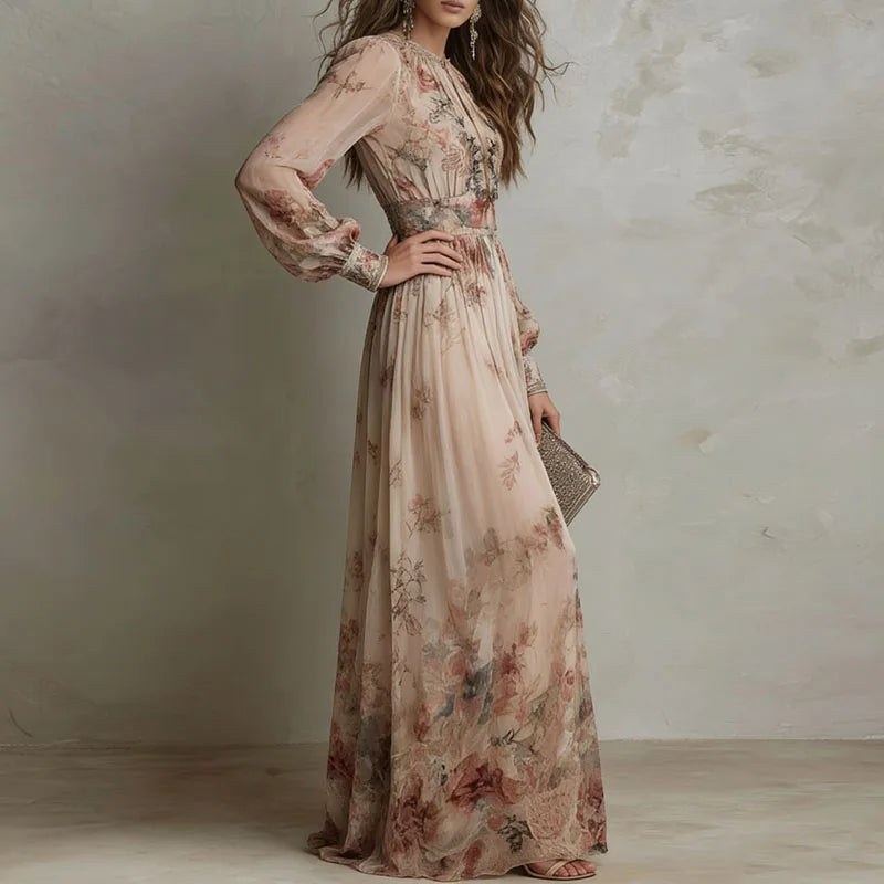 Vintage Floral Pleated Long Sleeve Maxi Dress for Women