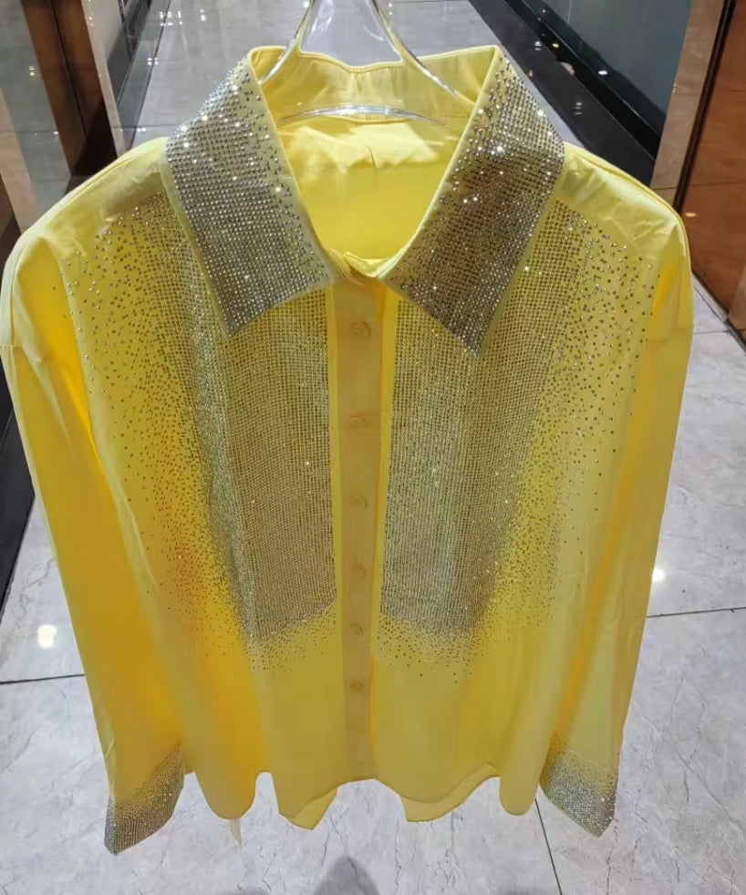 Luxury Design Bling Diamonds Loose Cotton Yellow Shirts & Blouses for Women's Full Sleeve Shirt Woman Clothes Y2K Top