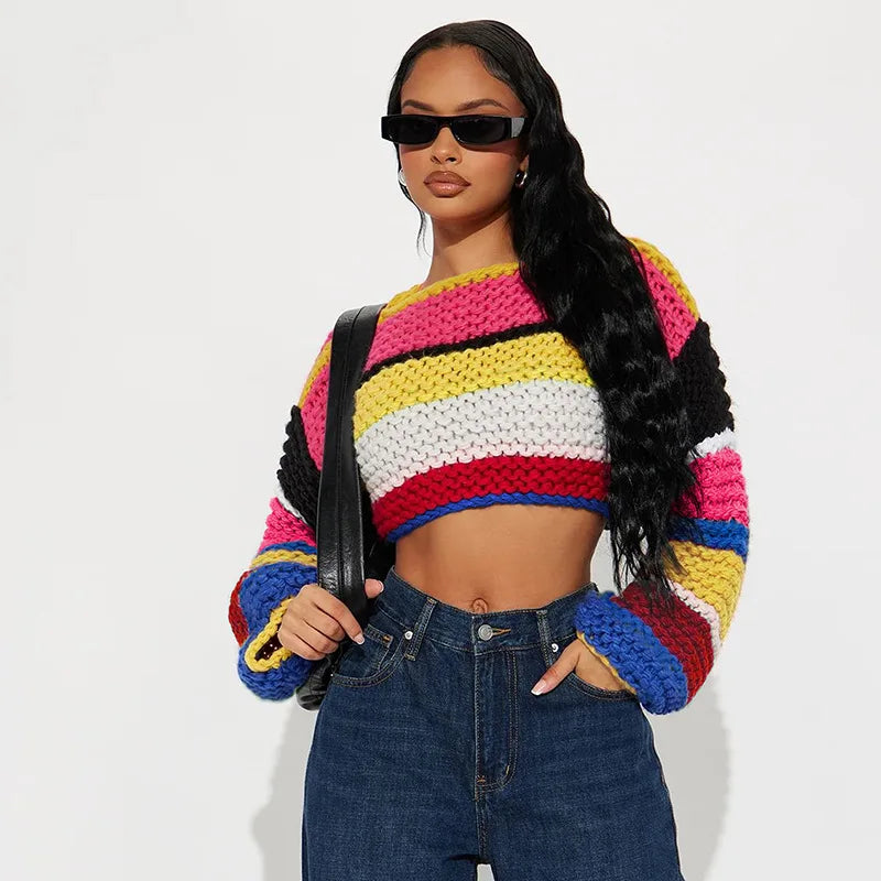 Rainbow Check Cropped Long Sleeve Knit Sweater for Women