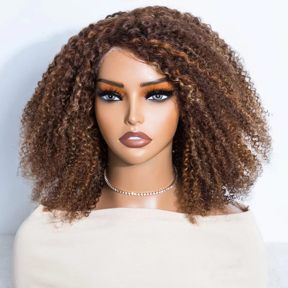 Ombre Brown Kinky Curly Glueless Bob Lace Wig for Women
