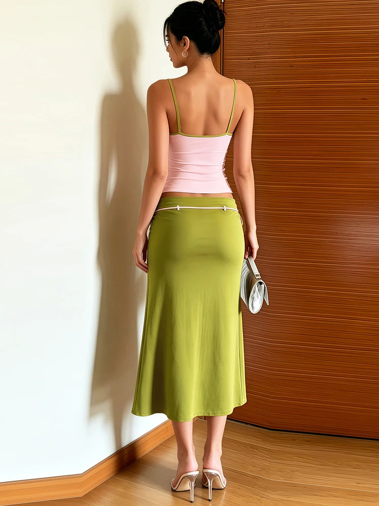 Color Blocking Backless Camisoles and Ribbon Long Skirts Two Piece Set for Women