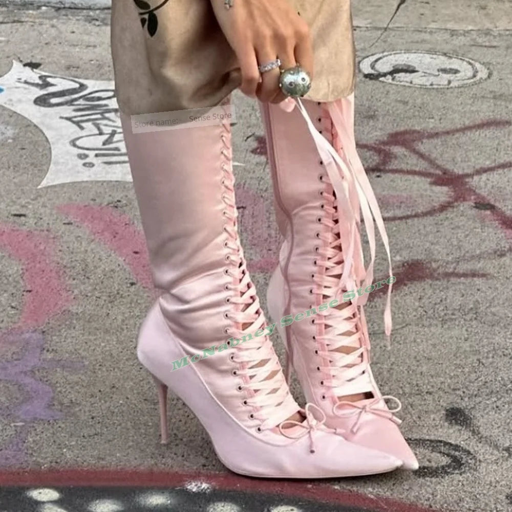 Lace Up Bow Detail Pointy Toe Stiletto Boots For Women
