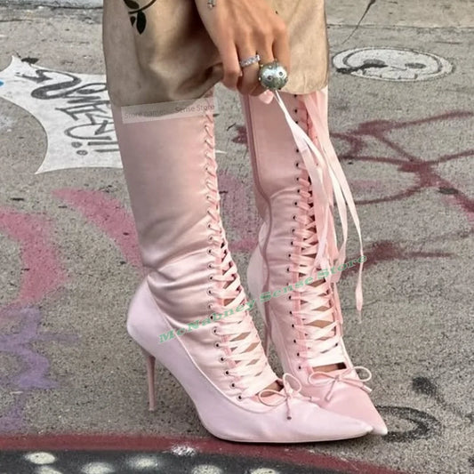 Lace Up Bow Stiletto Boots