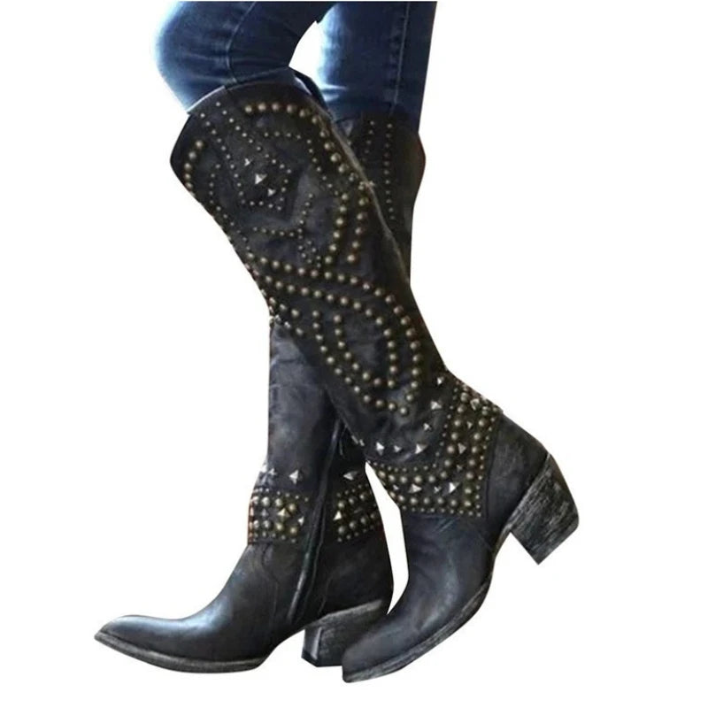 Riveted Western Pointed Toe Knee High Boots For Women