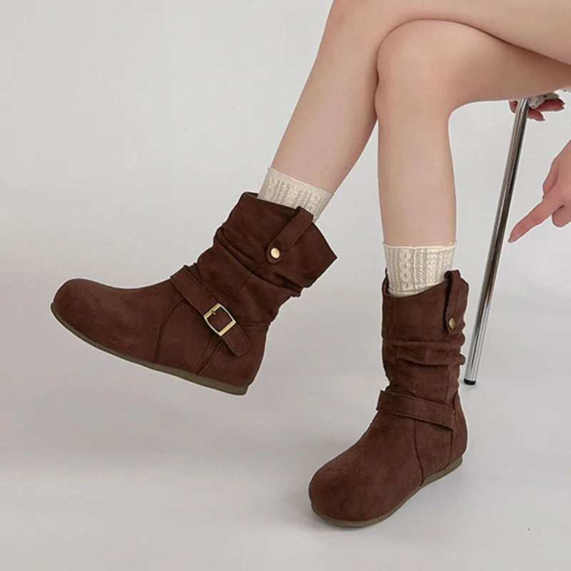 Retro Suede Buckle Slip On Western Ankle Boots for Women