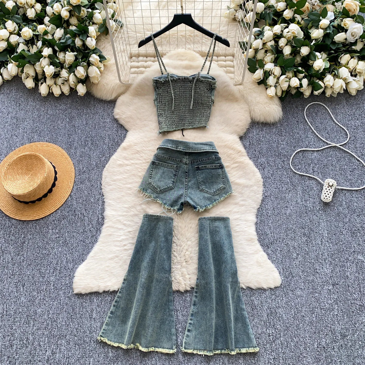 Edgy Summer Denim Three Piece Set With Shorts for Women