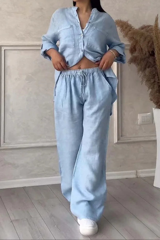 Loose Cotton Linen Shirt And Wide Leg Pants Set For Women