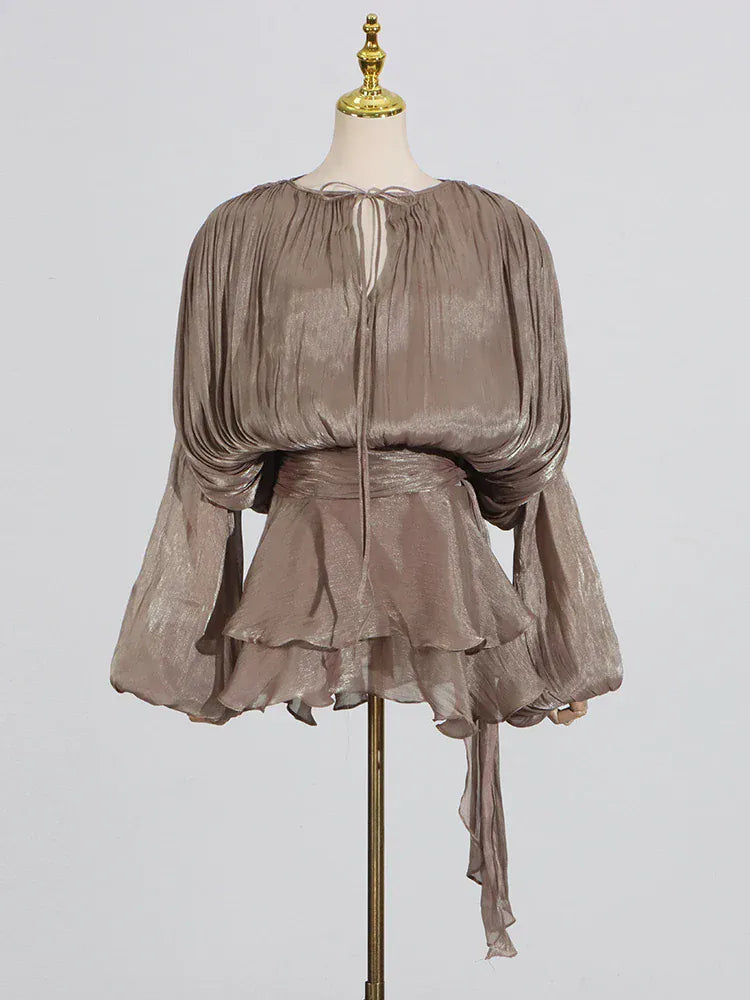 TWOTWINSTYLE Loose Solid Dresses For Women Round Neck Lantern Sleeve High Waist Spliced Fold Mini Chic Dress Female Fashion 2025