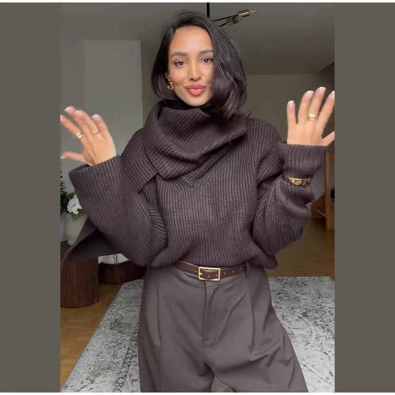 Women 's Sweater Elegant Scarf O-neck Knitted Thicken Full Sleeve Pullovers Female 2025 New Autumn Winter Woman Jacket Knitwear