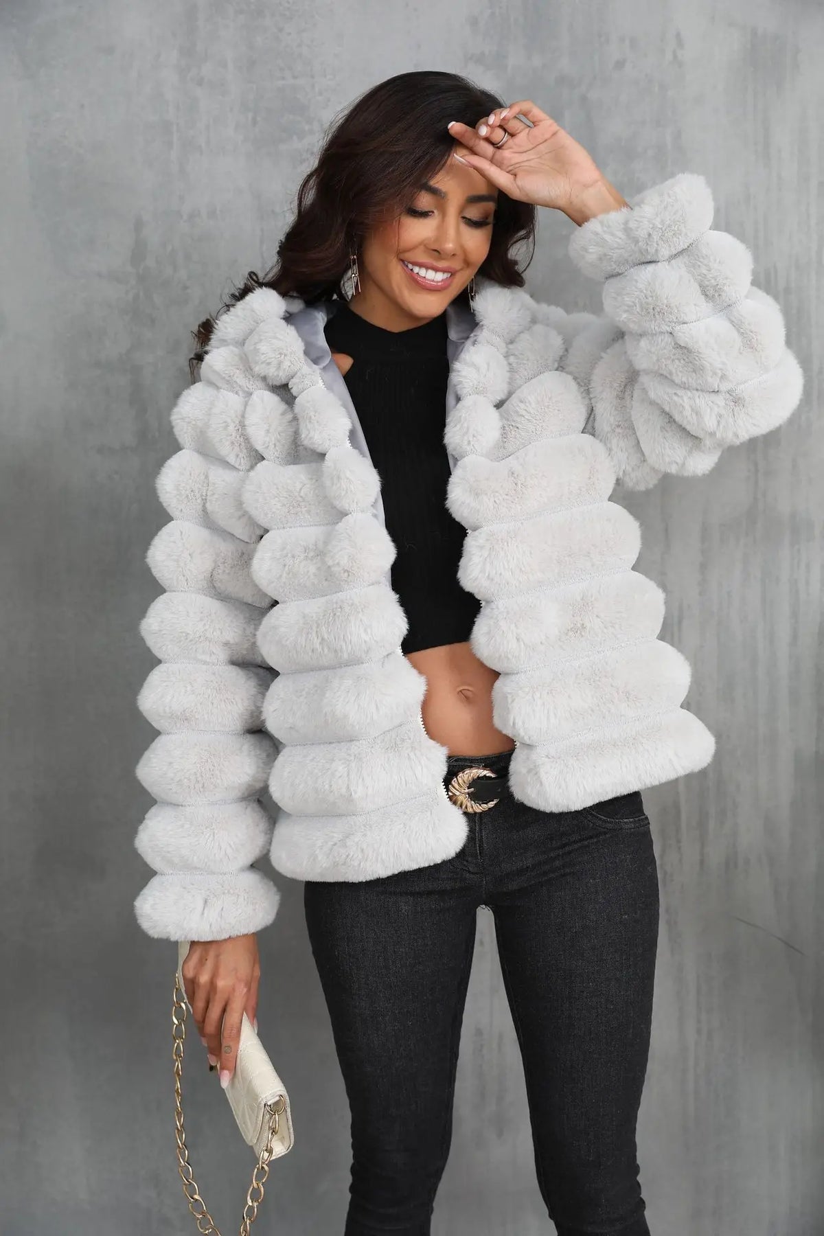 Warm Hooded Short Faux Fur Coat With Turn Down Collar for Women
