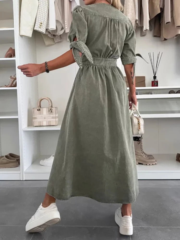 Spring Summer V Neck Fashion Maxi Dress, Women Half Sleeve Elegant Simple Party Dress, Single-Breasted Chic Ladies Dress Vestido