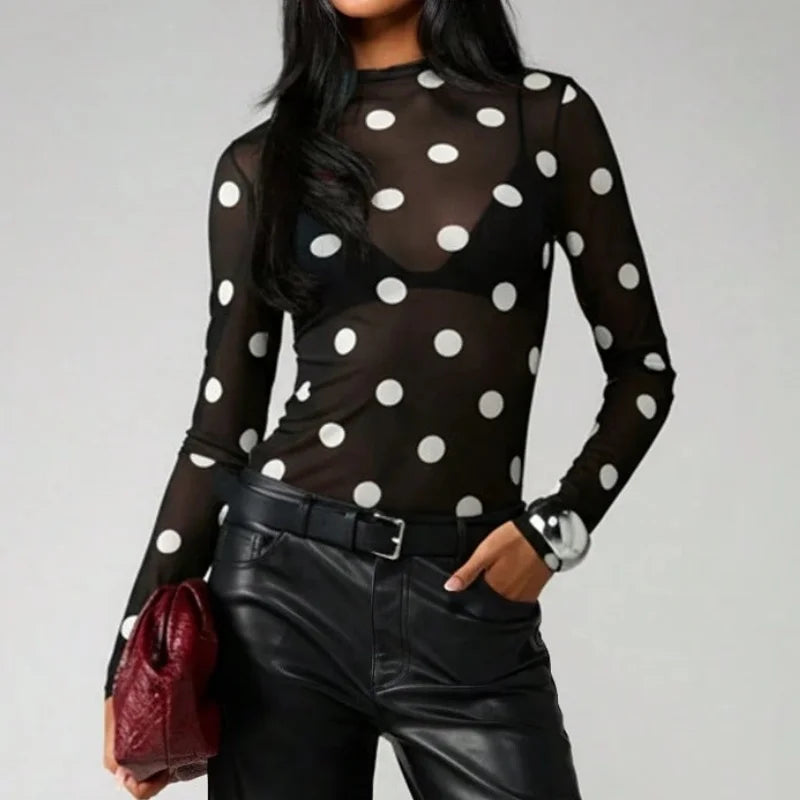 Y2K Polka Dot Sheer Mesh Long Sleeve Top for Women