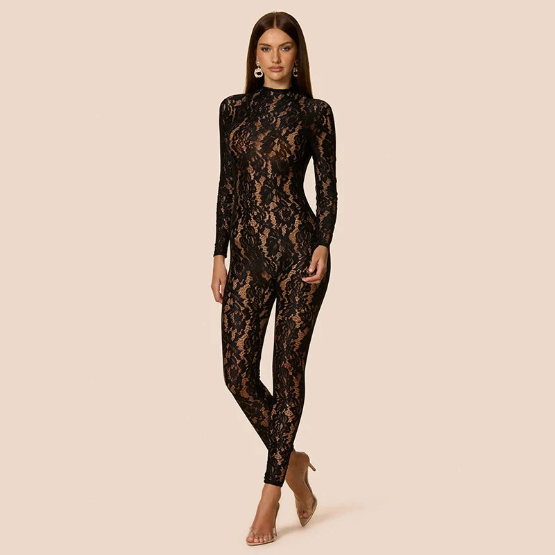 Elegant Sheer Lace Long Sleeve Skinny Jumpsuit for Women