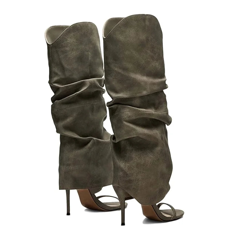 Pointed Toe Knee High Thin Heel Leather Boots for Women