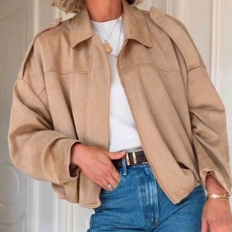 Long Batwing Sleeve Patchwork Zipper Jacket for Women