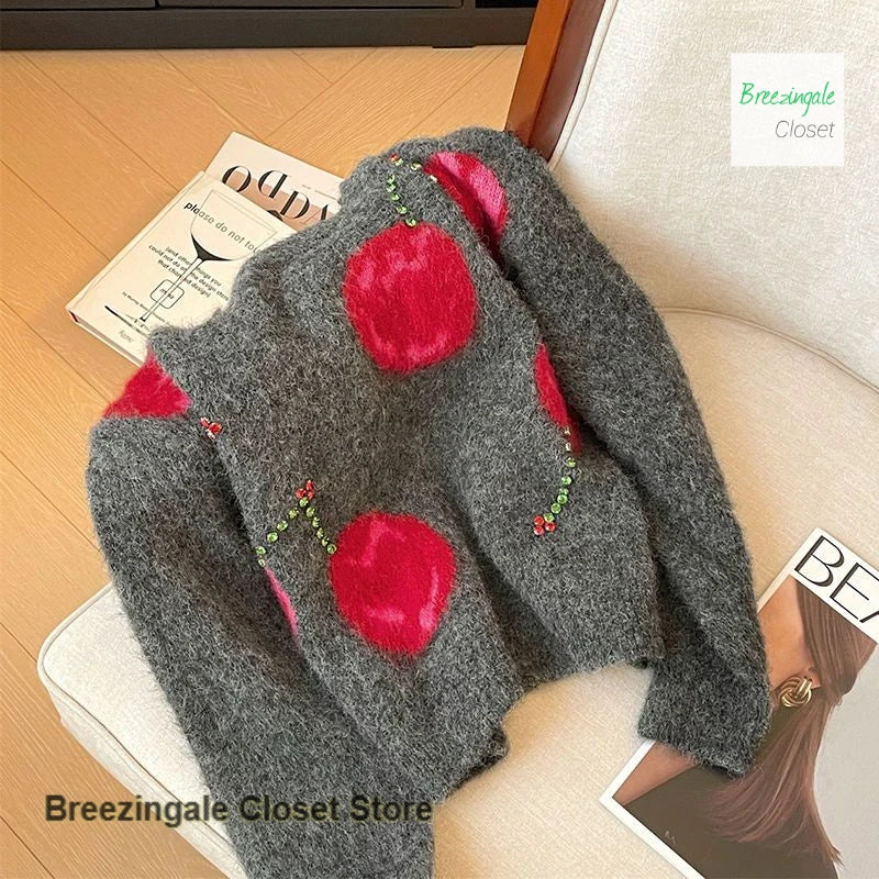 Cherry Jacquard Round Neck Long Sleeve Sweater For Women