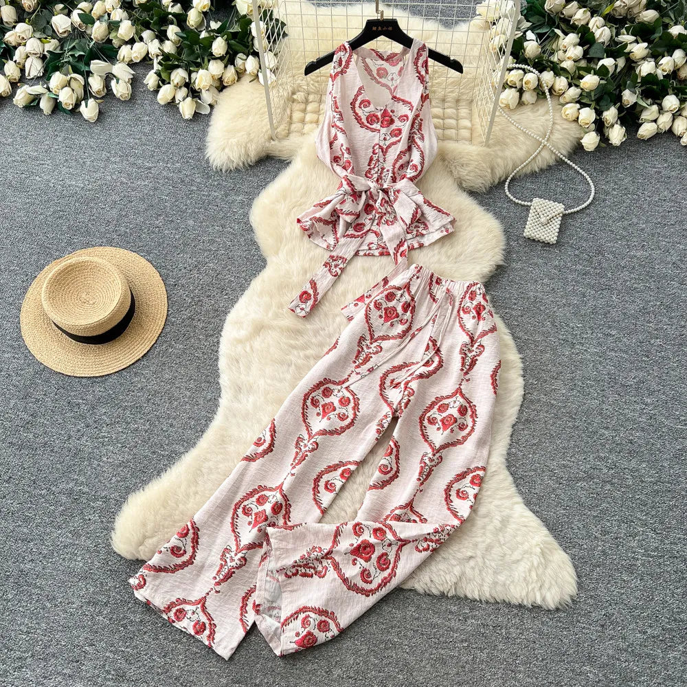 Boho Print Lace-Up Tank Top and Wide-Leg Pants Set for Women