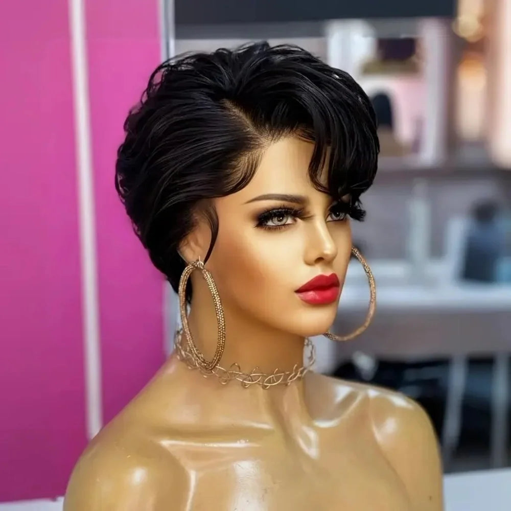 Pixie Cut Lace Front Wig for Women 13*x4x1 T part Lace Frontal Human Hair Wig Natural Black Color