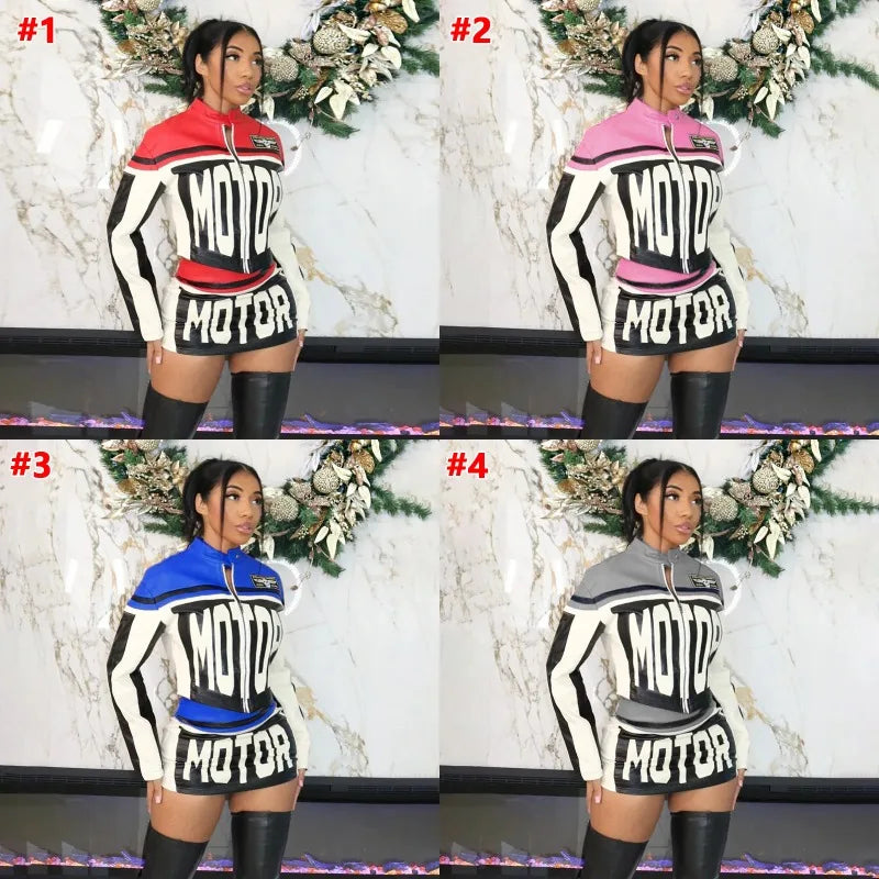 Y2K Faux Leather Motorcycle Jacket And Skirt Set for Women