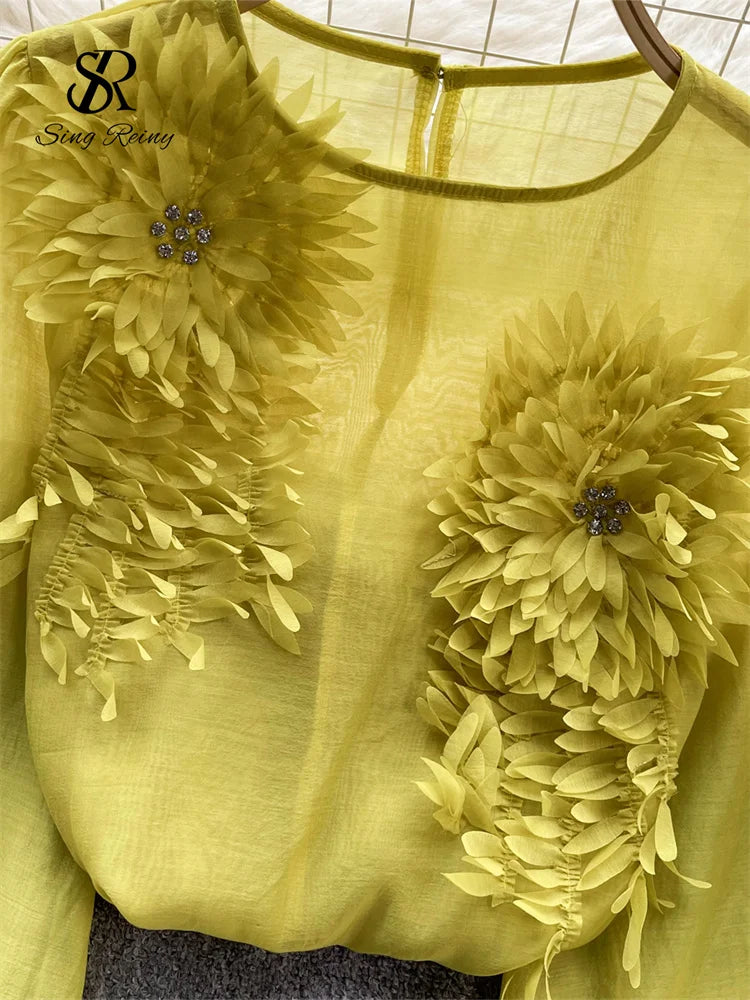 Sheer Floral Bohemian Long Sleeve Satin Blouse for Women