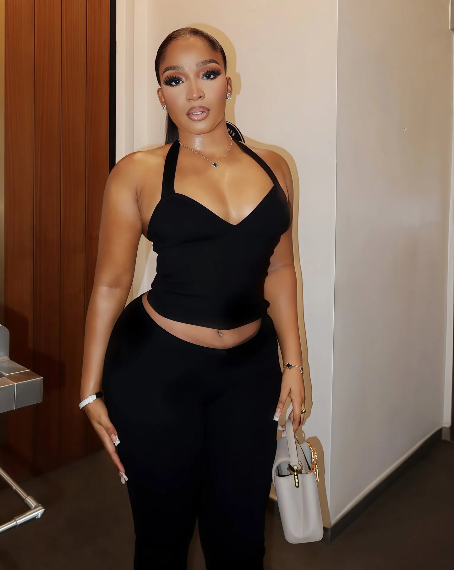 Solid Color Halter Neck Crop Top Two Piece Set for Women